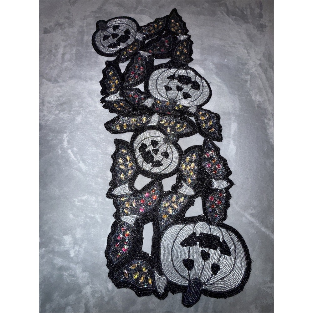 Spooky Halloween Beaded Table Runner Pumpkins Bats Sparkly Bedazzled Seasonal